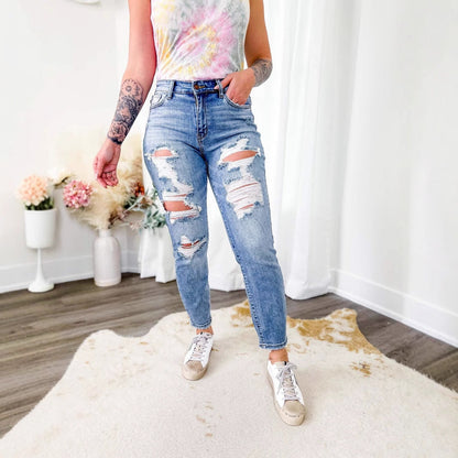 Damen High-Waist Destroyed Jeans Boyfriend-Stil