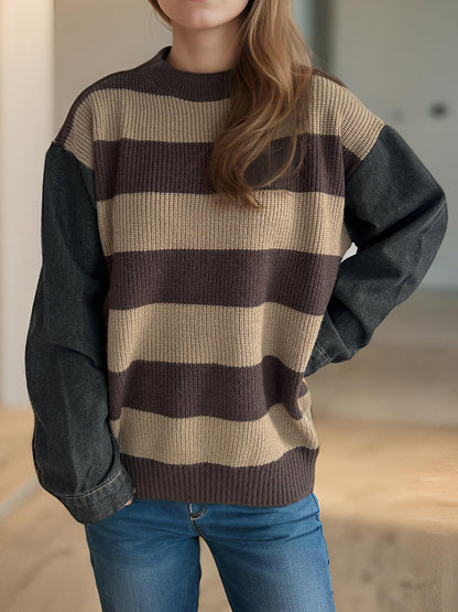 Damen Oversized Pullover Gestreift Weicher Baumwollmix Beige