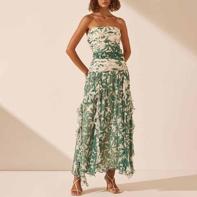 Damen Maxikleid Schulterfrei Rüschendetails Florales Muster Norvielle - Norvielle