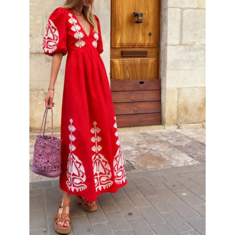 Damen Midikleid Luftige Puffärmel Florales Stickdesign