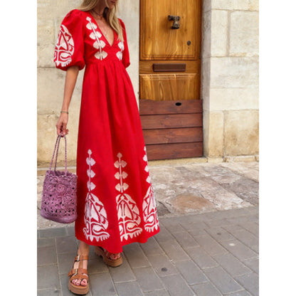Damen Midikleid Luftige Puffärmel Florales Stickdesign