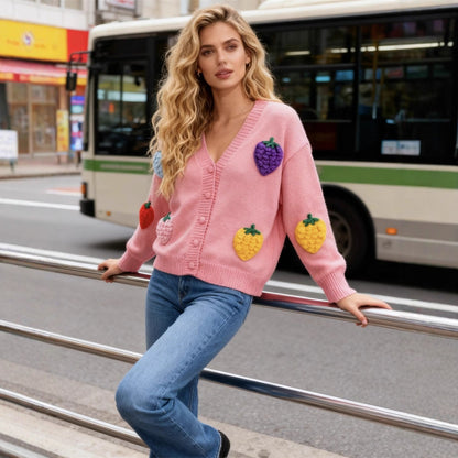Damen Strickjacke Bunt Fruchtmotiv Norvielle