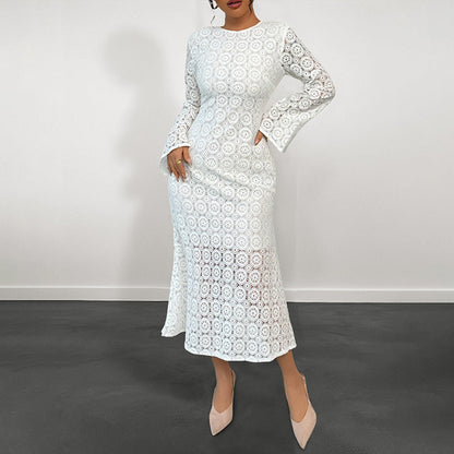 Damen Spitzenkleid V-Ausschnitt Voluminöse Ärmel Schwarz - Norvielle