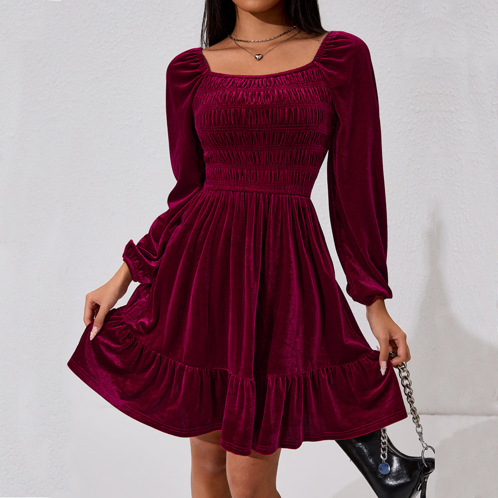 Damen Minikleid Samt Rüschendetails Elastischer Bund