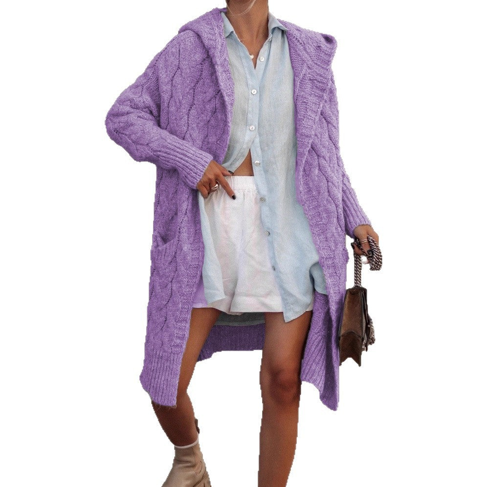 Damen Grobstrickjacke Kapuze Zopfmuster