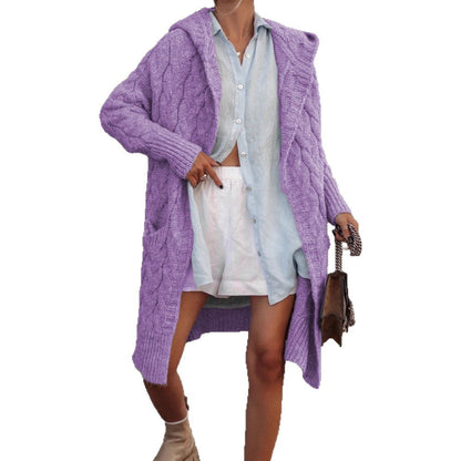 Damen Grobstrickjacke Kapuze Zopfmuster