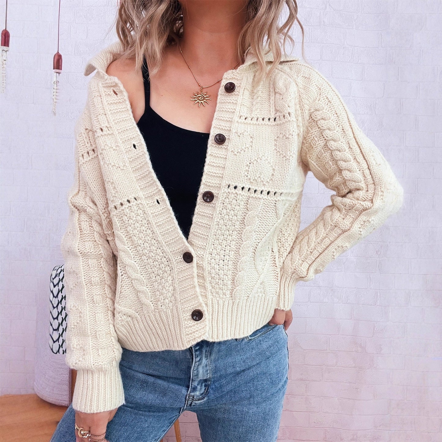 Damen Strickjacke Strukturiertes Zopfdesign Knopfverschluss Norvielle