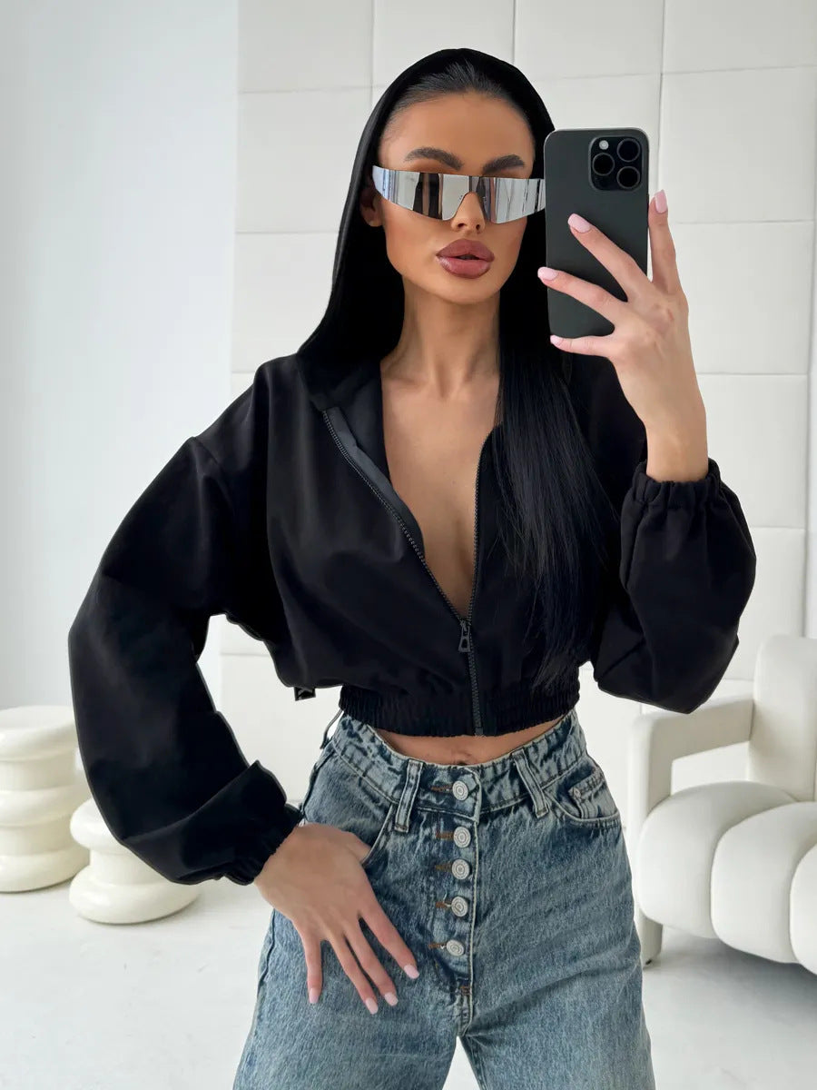 Damen Cropped Kapuzenjacke Elastischer Bund Lässiger Schnitt