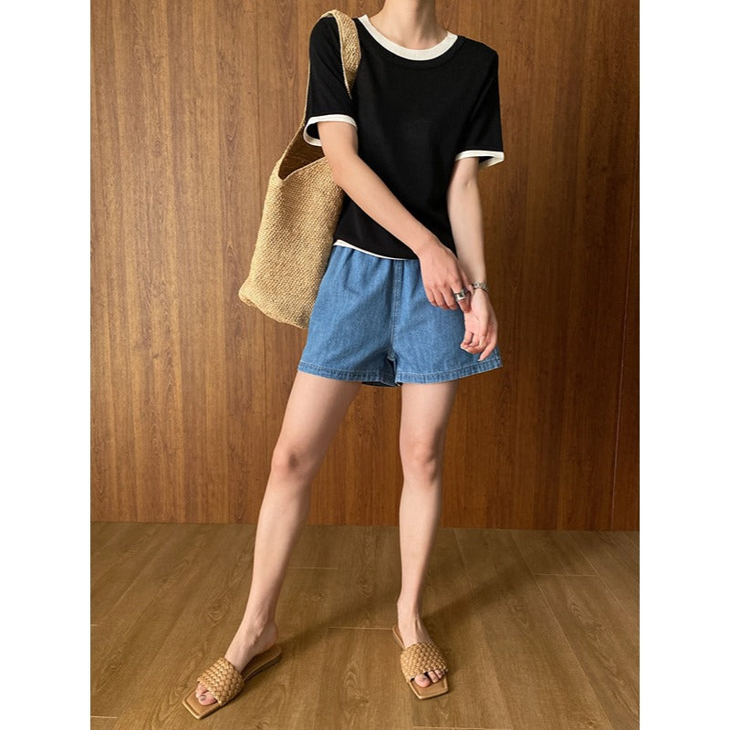 Damen Jeansshorts Elastischer Bund Weites Bein Norvielle