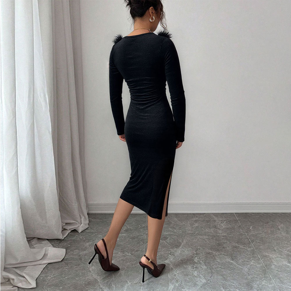 Damen Midi-Kleid mit Federverzierung und seitlichem Schlitz