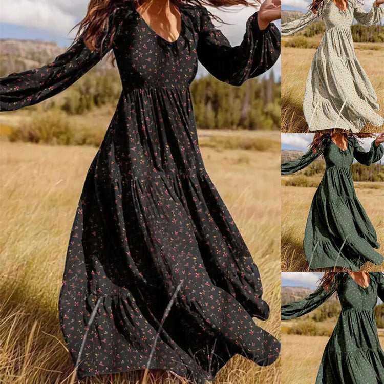 Damen Maxi-Kleid V-Ausschnitt Rüschen Elegant Schwarz - Norvielle