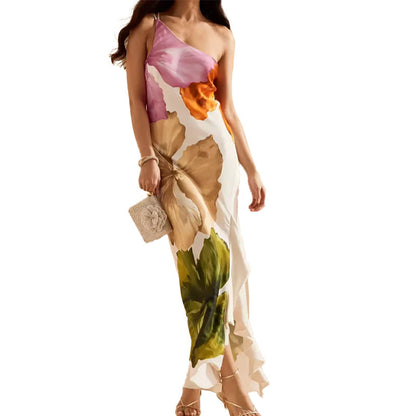Damen Maxikleid Blumenmuster Asymmetrischer Ausschnitt Norvielle