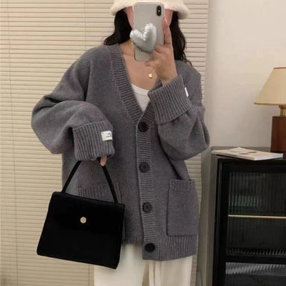 Damen Strickjacke V-Ausschnitt Große Taschen Norvielle