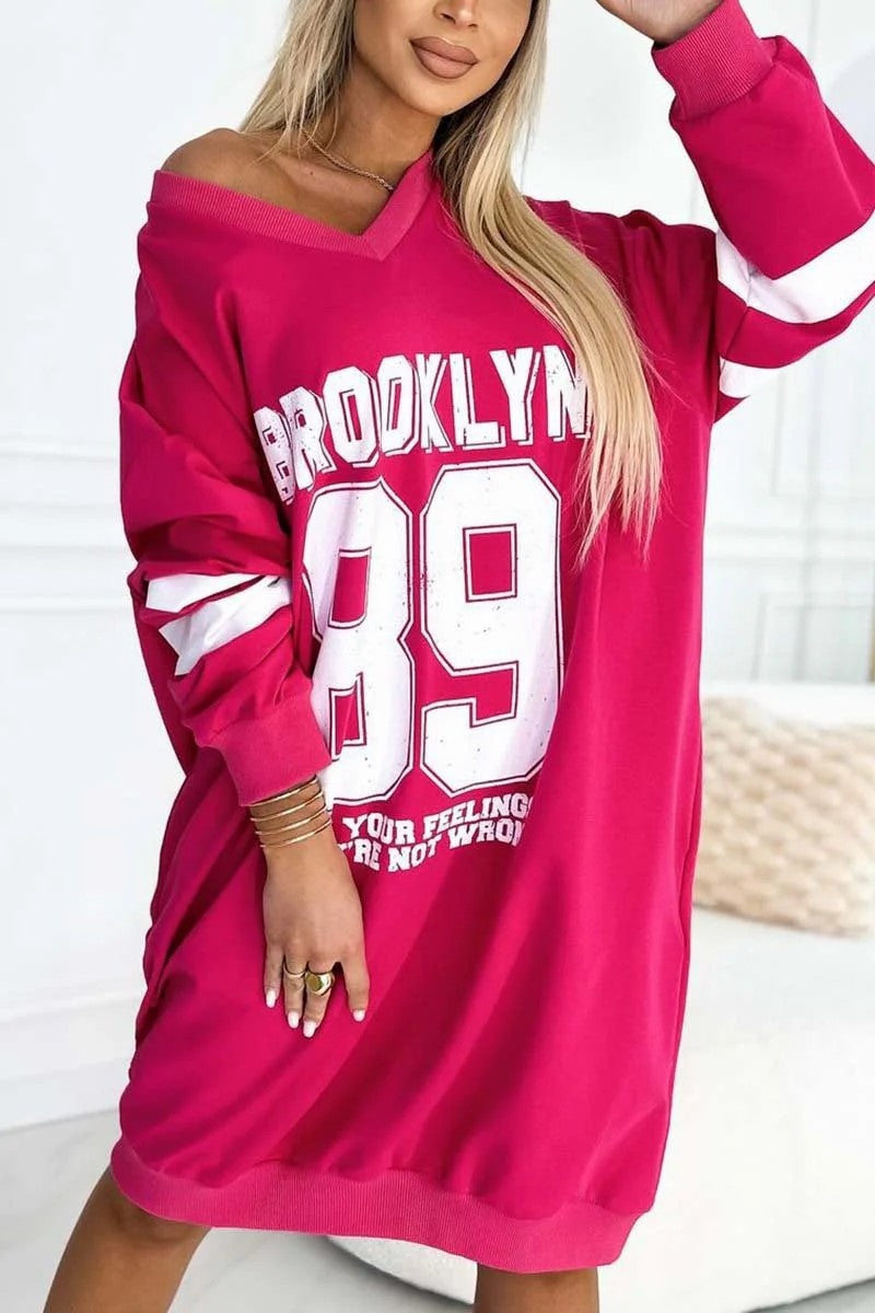 Damen Oversized Kleid Sportlich Grafikdruck V-Ausschnitt