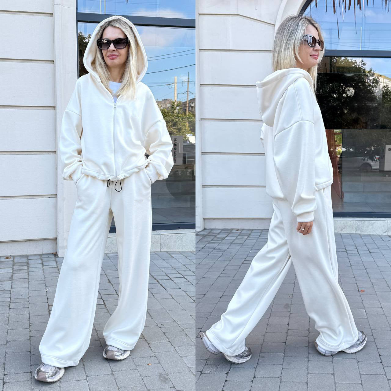 Damen Sportliches Lounge-Set Hoodie Weites Design Beige