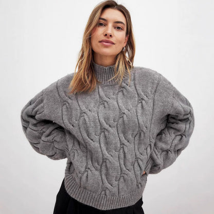 Damen Grobstrickpullover Hochkragen Zopfmuster Beige - Norvielle