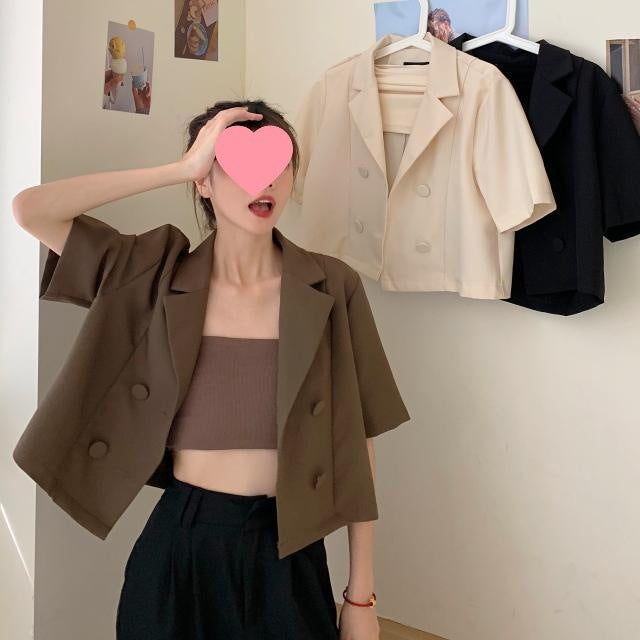 Damen Kurzblazer Doppelter Knopfleiste Moderner Schnitt Schwarz - Norvielle