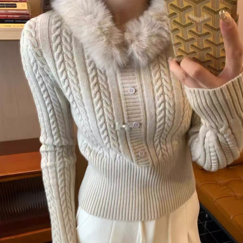 Damen Strickpullover Fellkragen Elegante Knöpfe Beige
