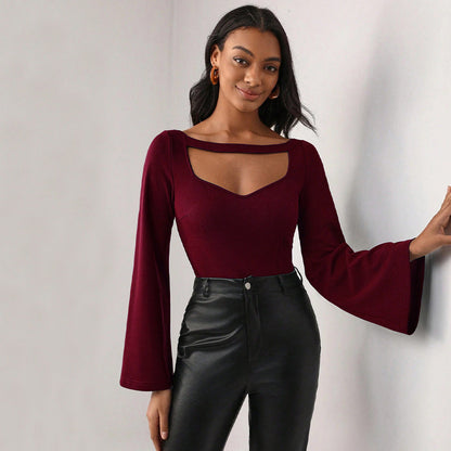 Damen Oberteil V-Ausschnitt Trompetenärmel Elegant Schwarz - Norvielle