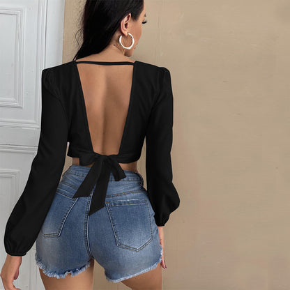 Damen Cropped Oberteil V-Ausschnitt Puffärmel Norvielle - Norvielle
