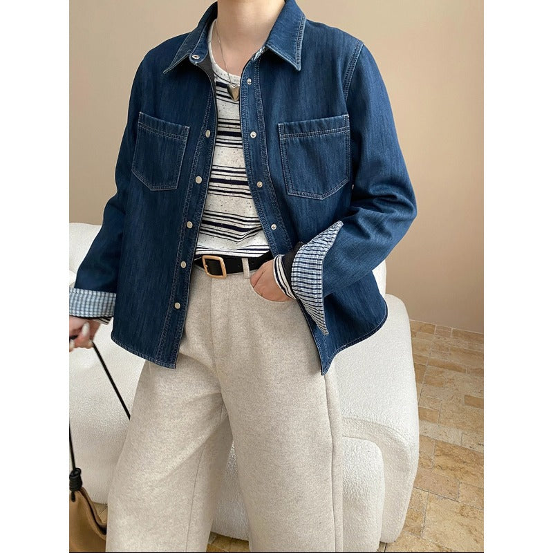 Damen Denimjacke Lässig Aufgesetzte Taschen Blau - Norvielle