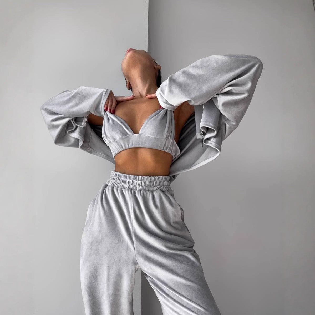 Damen Fleece-Set Hochgeschlossener Reißverschluss Weite Beine