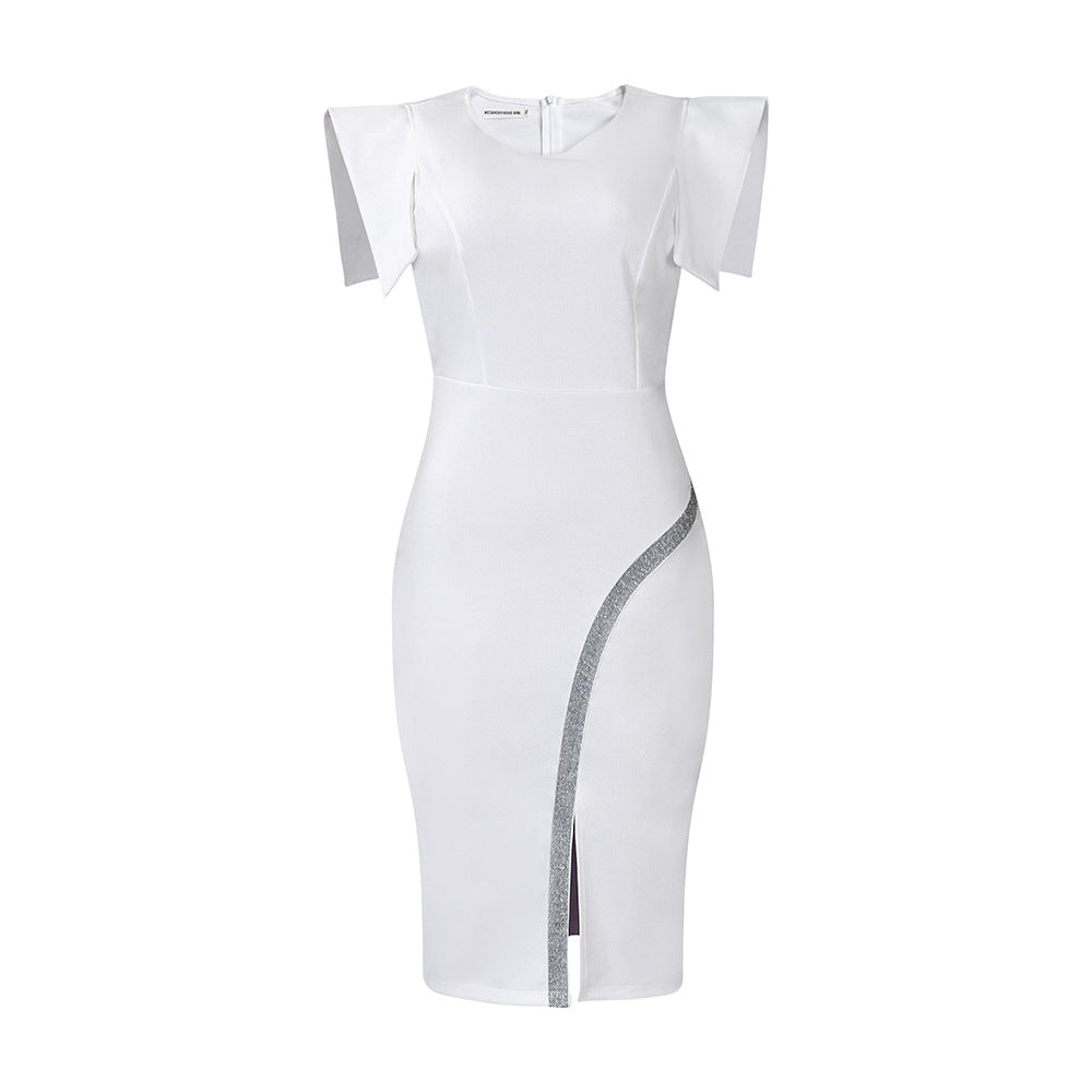 Damen Etui-Kleid mit Kontraststreifen und Puffärmeln