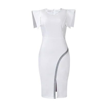 Damen Etui-Kleid mit Kontraststreifen und Puffärmeln
