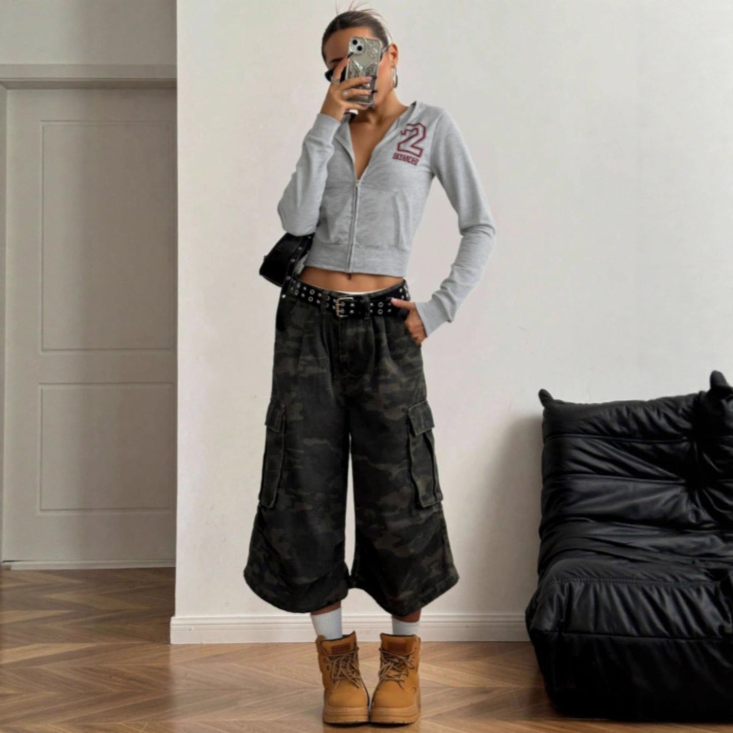 Damen Cropped Kapuzenjacke Reißverschluss Norvielle