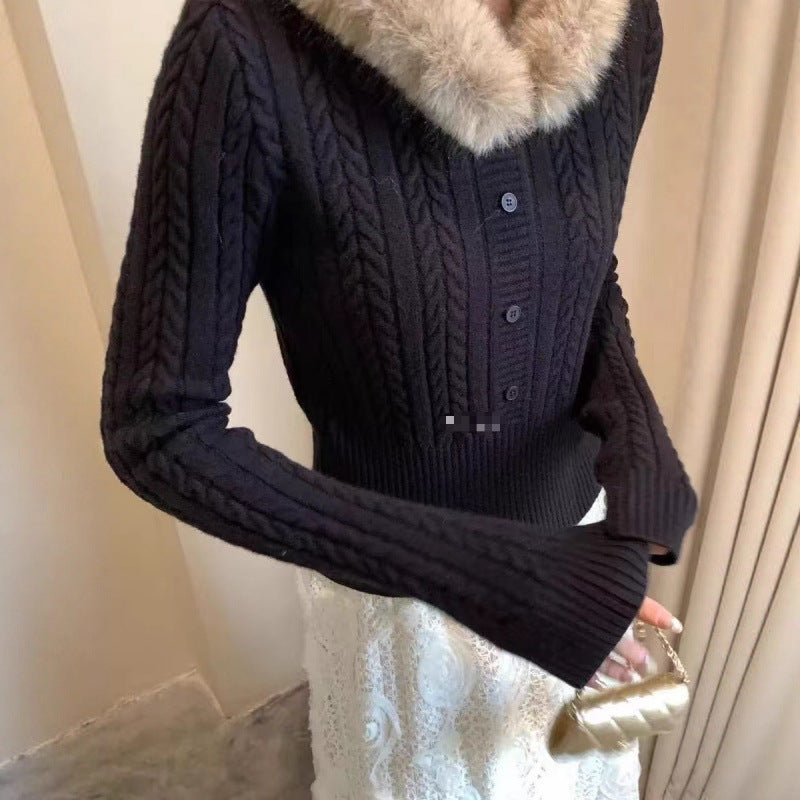 Damen Strickpullover Fellkragen Elegante Knöpfe Beige