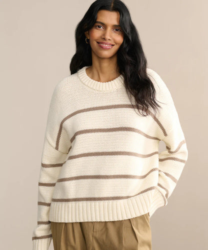 Damen Strickpullover Breitstreifen Rundhals weiß