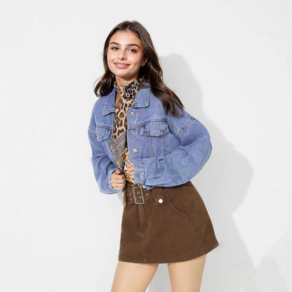 Damen Cropped Jeansjacke Voluminöse Ärmel Modische Knöpfe