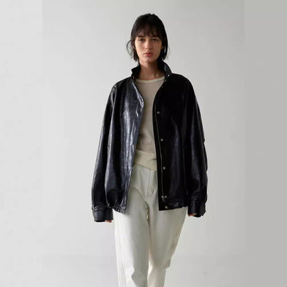Damen Lederjacke Oversized mit hohem Kragen