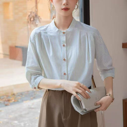 Damen Bluse Gestreift Stehkragen Elegante Bluse