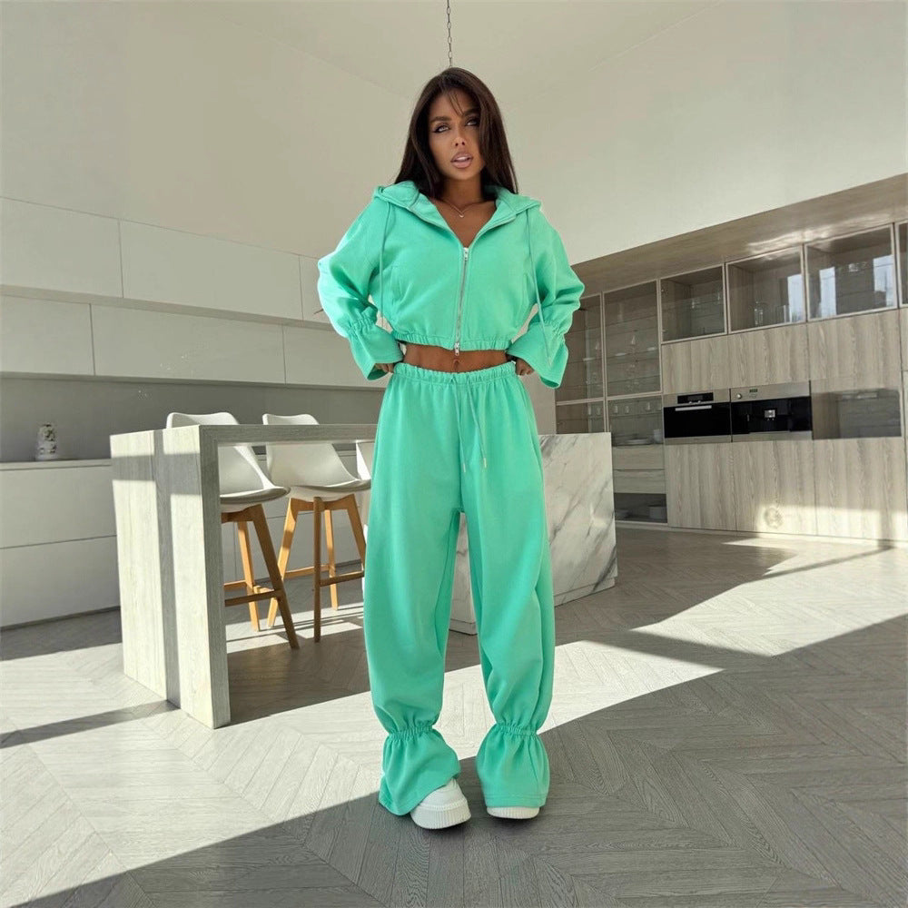 Damen Sportliches Zwei-Teiler-Set Cropped Kapuzenpullover und weite