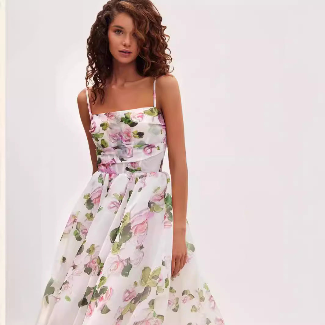 Damen Midi-Kleid Florales Chiffon Mit Taillengürtel
