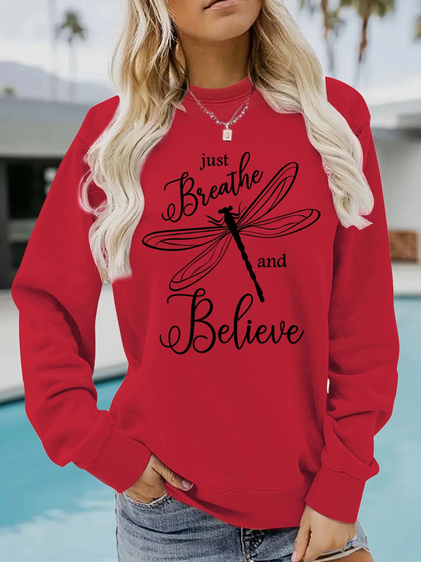 Damen Sweatshirt Drachenfliegen-Motiv Lässiger Schnitt Grau