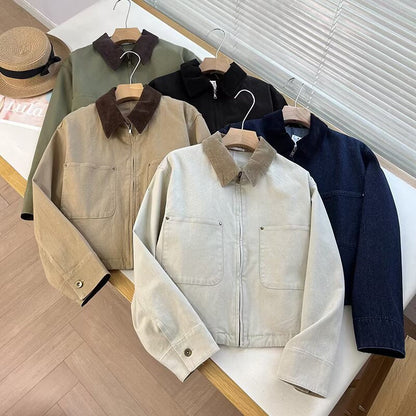 Damen Cropped Jacke Baumwolle Cordsäule Beige
