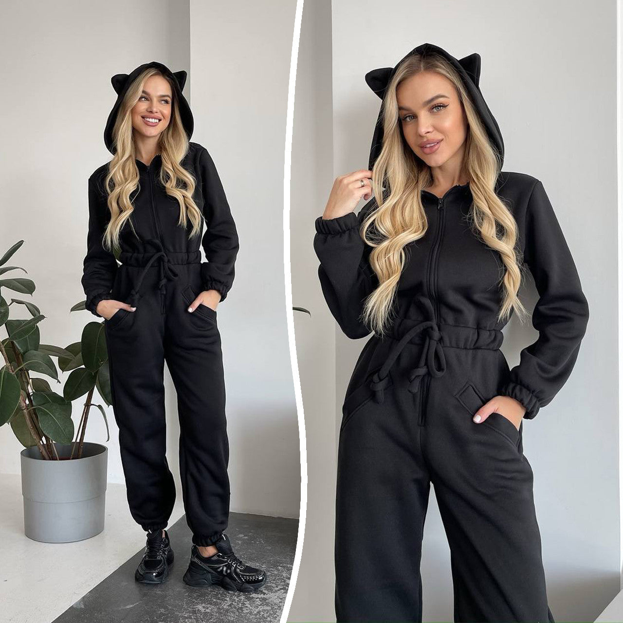 Damen Jumpsuit Kuschelig Känguru-Taschen Tierohren Norvielle