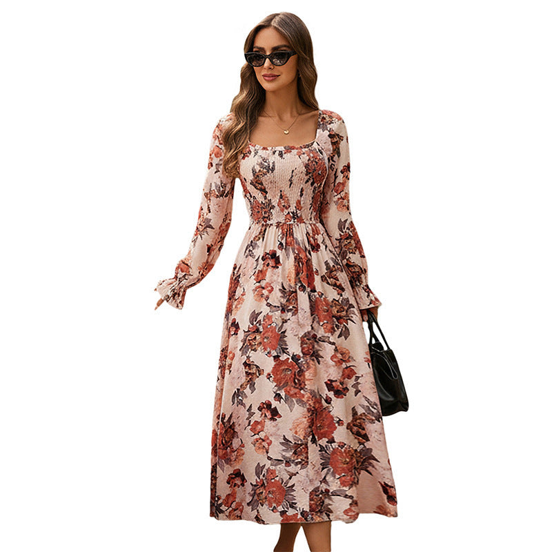 Damen Maxikleid Floralmuster Raffdesign Elegant