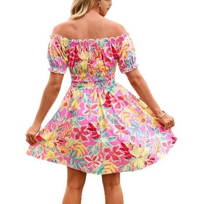 Damen Off-Shoulder Sommerkleid Florales Design Rüschen Norvielle