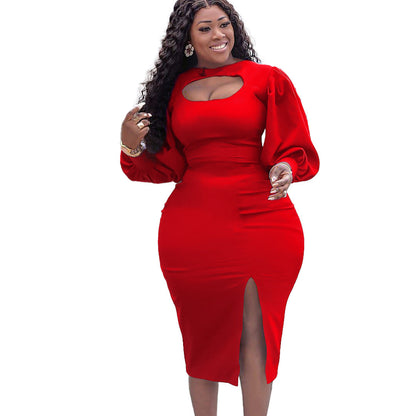 Damen Midi-Kleid Raffinierter Ausschnitt Voluminöse Puffärmel