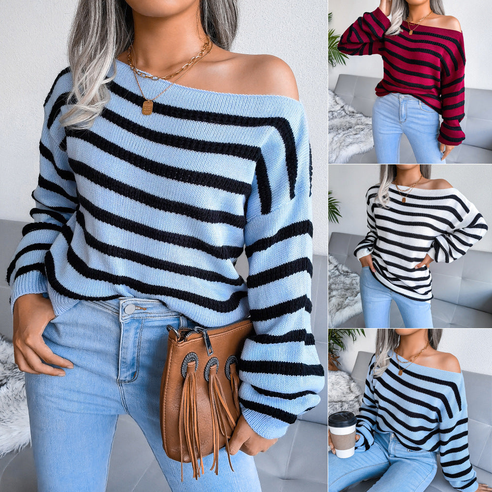 Damen Streifenpullover Off-Shoulder Lässiger Schnitt Norvielle - Norvielle