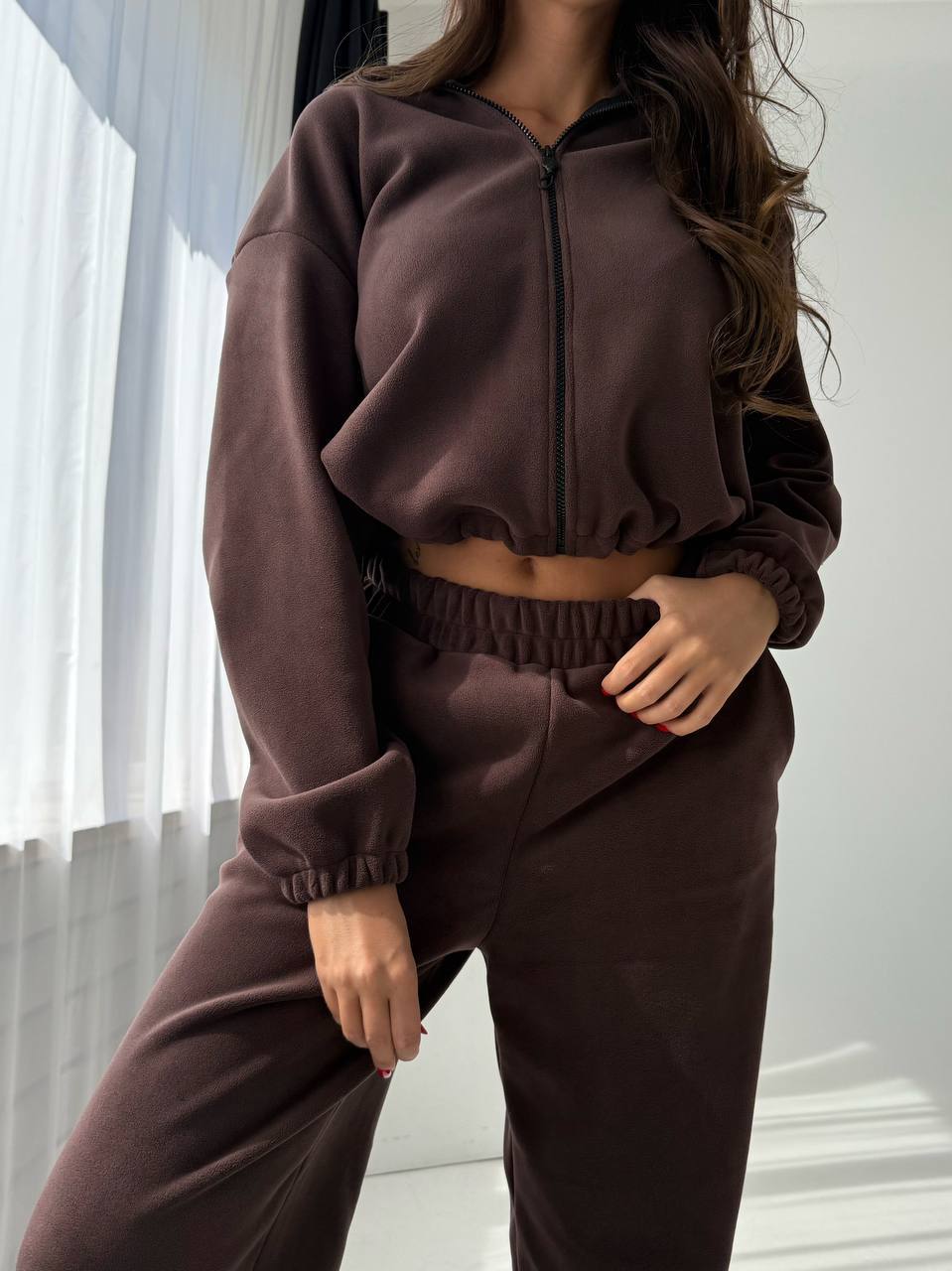Damen Fleece-Sweatanzug Elastischer Bund Beige