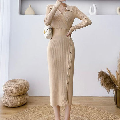 Damen Strickkleid Wickeloptik Knöpfe Norvielle
