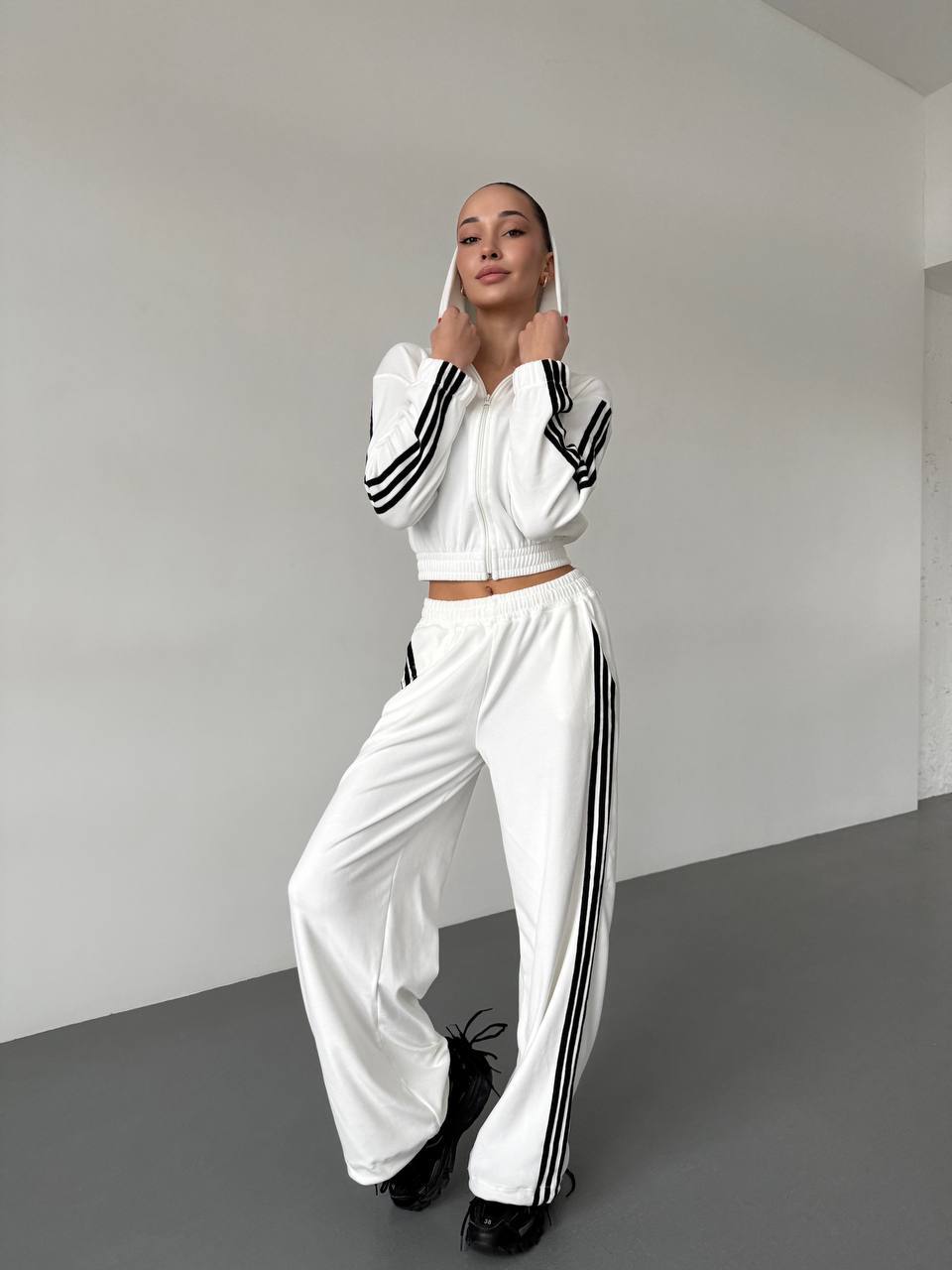 Damen Fleece Sportanzug Cropped Jacke Weite Hose Norvielle