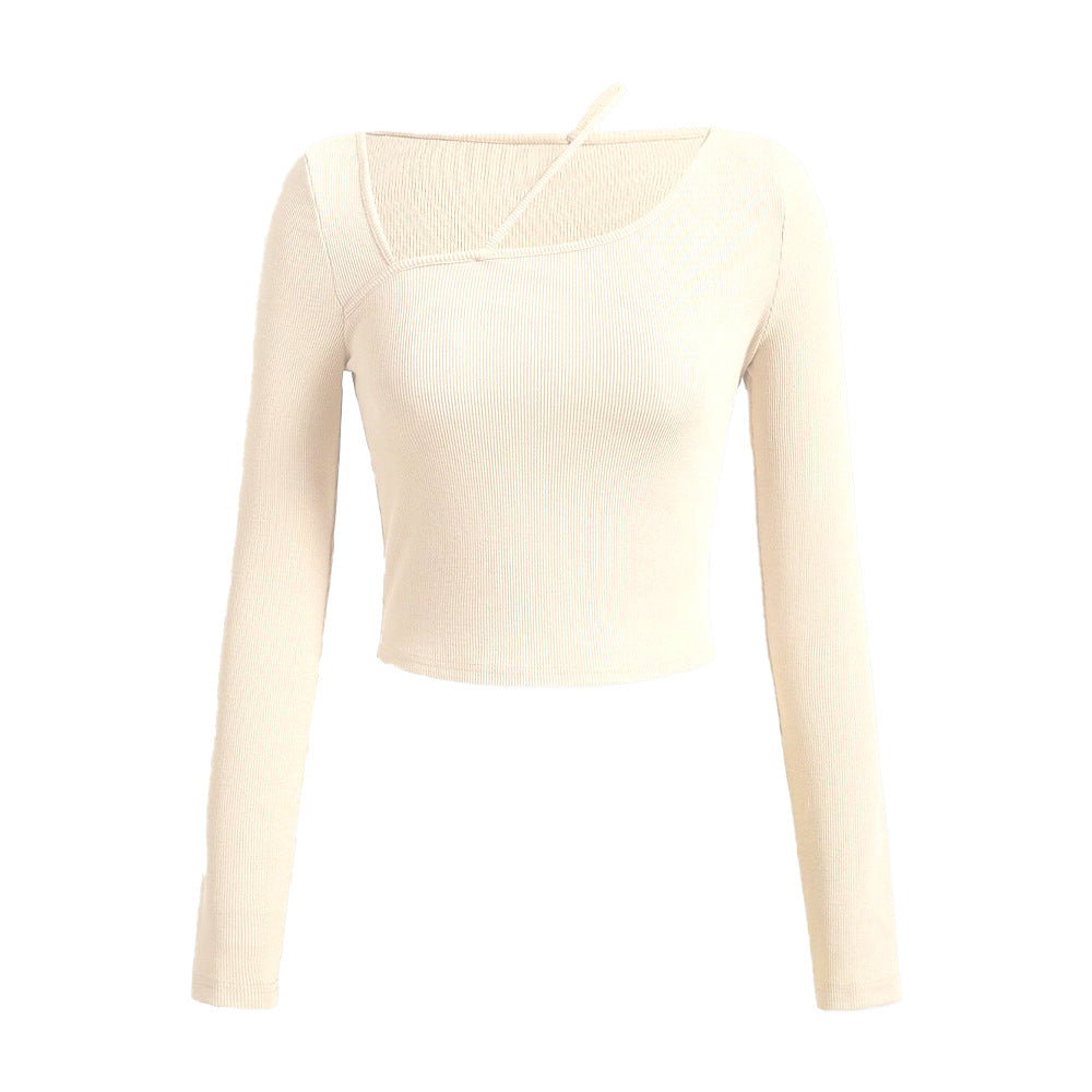 Damen Langarm Crop- Asymmetrischer Ausschnitt Rippstruktur Weiß