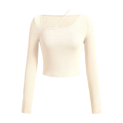 Damen Langarm Crop- Asymmetrischer Ausschnitt Rippstruktur Weiß
