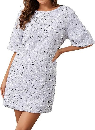 Damen Pailletten-Kleid Lockere Ärmel Rundhalsausschnitt Glitzernd