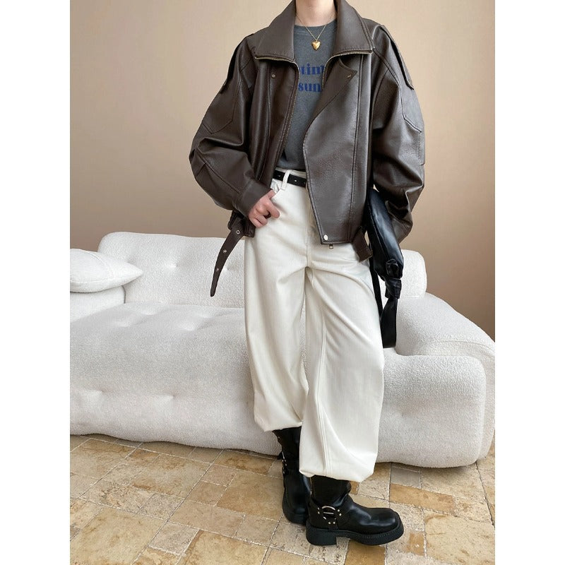 Damen Kunstlederjacke Oversized Dekorative Knöpfe